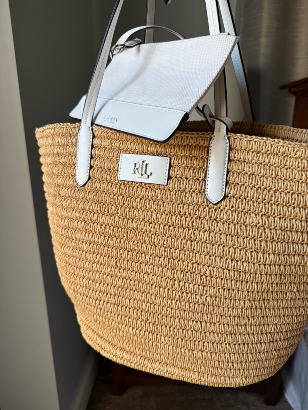 Ralph Lauren Beige Straw Tote with White Leather Trim. New with tags